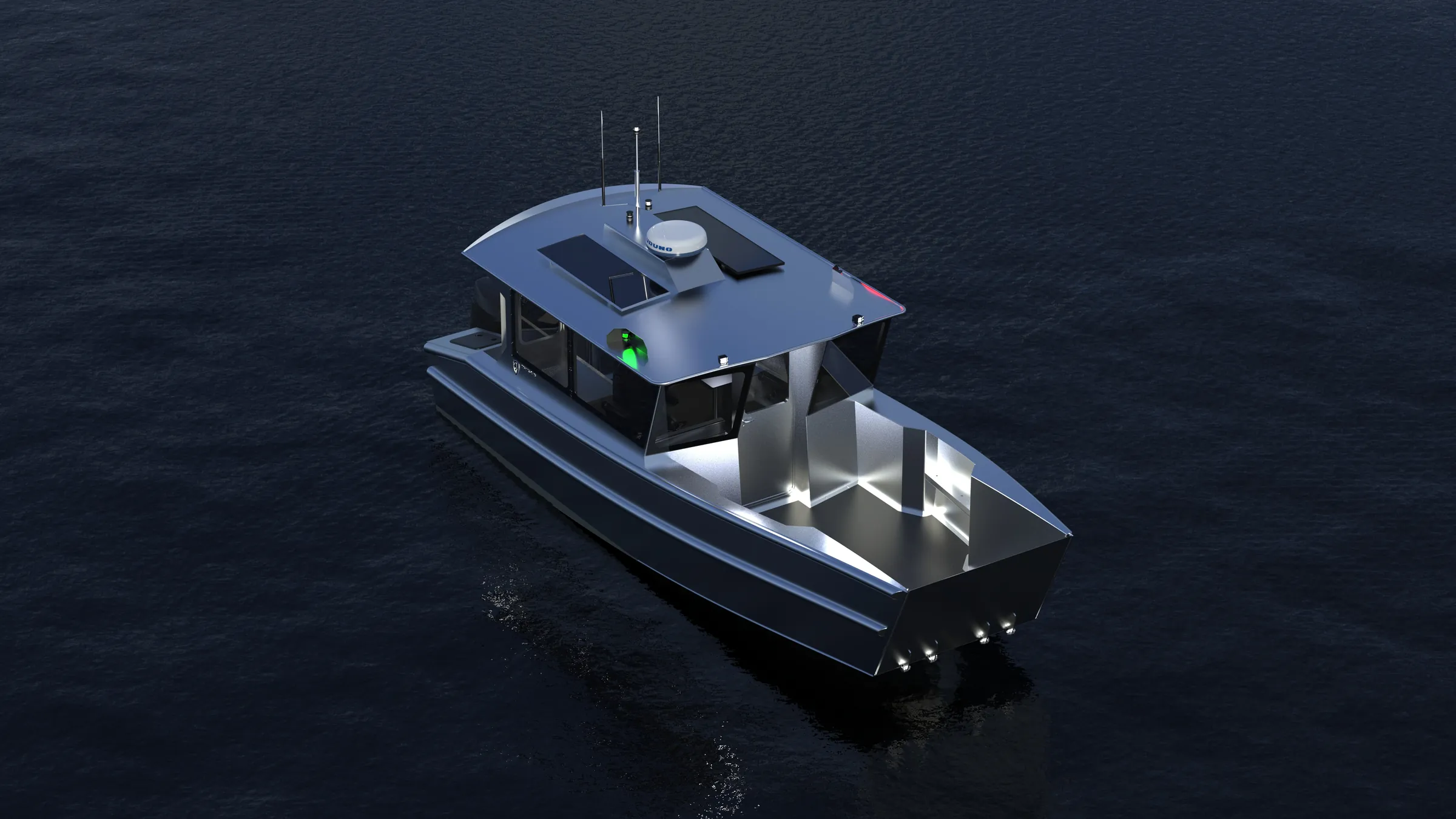 260 Halcyon render from above at dusk, deck lights on