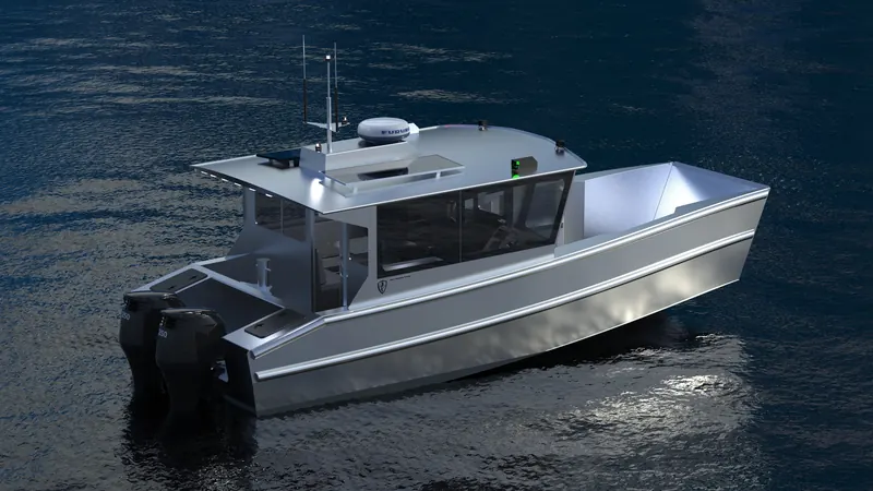 260 Halcyon render, stern quarter on evening water, twin outboards
