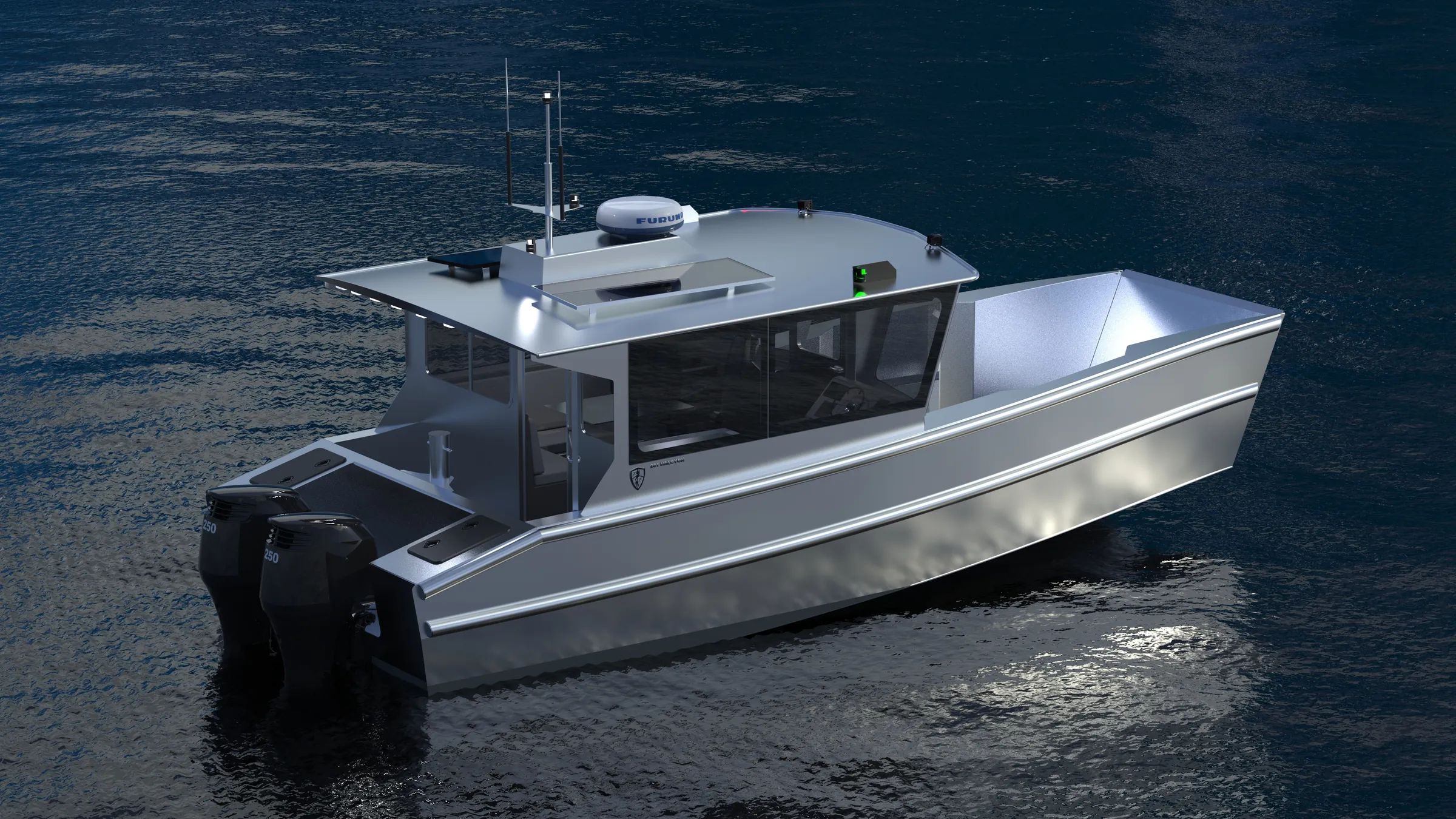 260 Halcyon render, stern quarter on evening water, twin outboards
