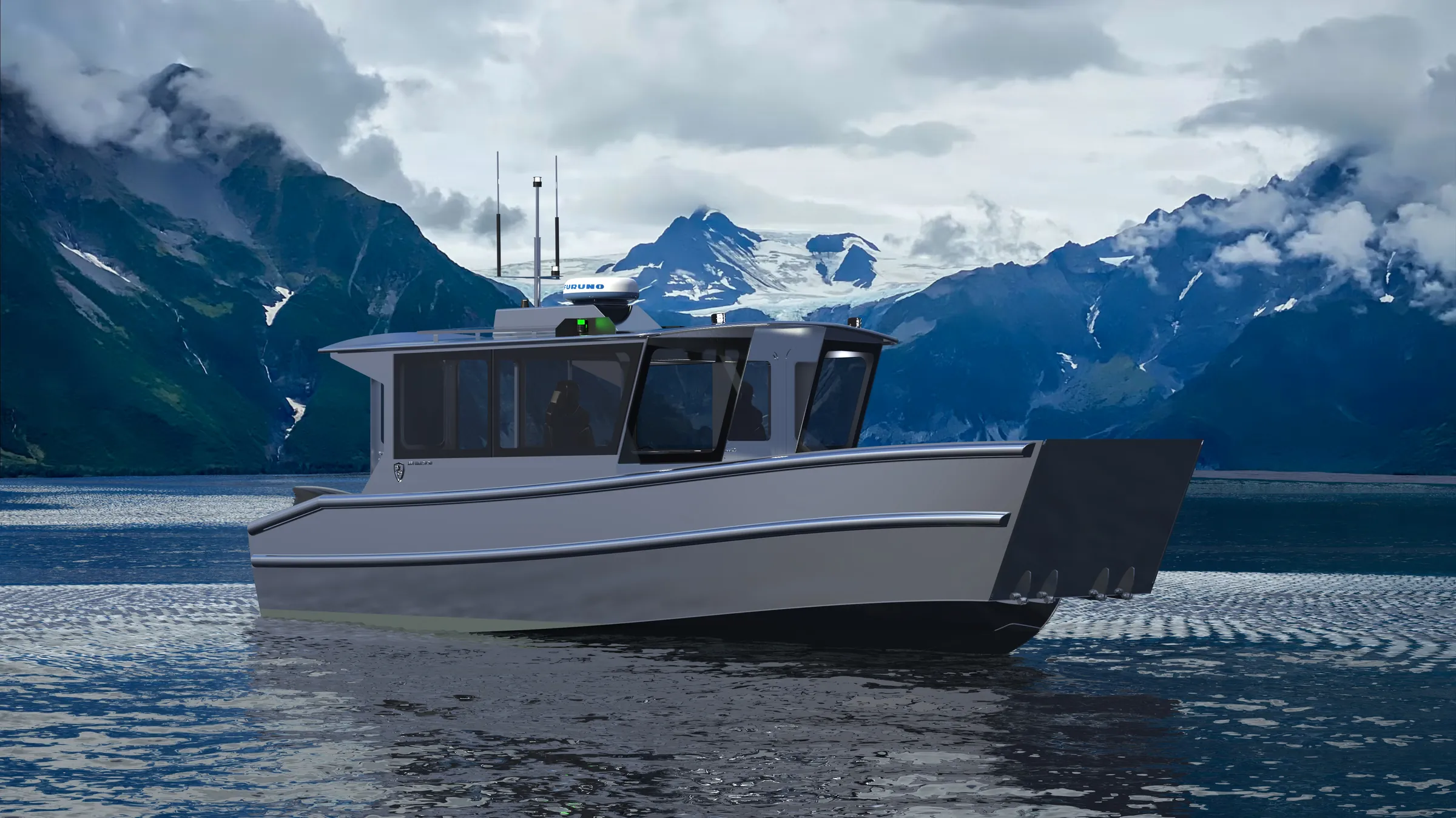260 Halcyon render, on the water in a mountain fjord