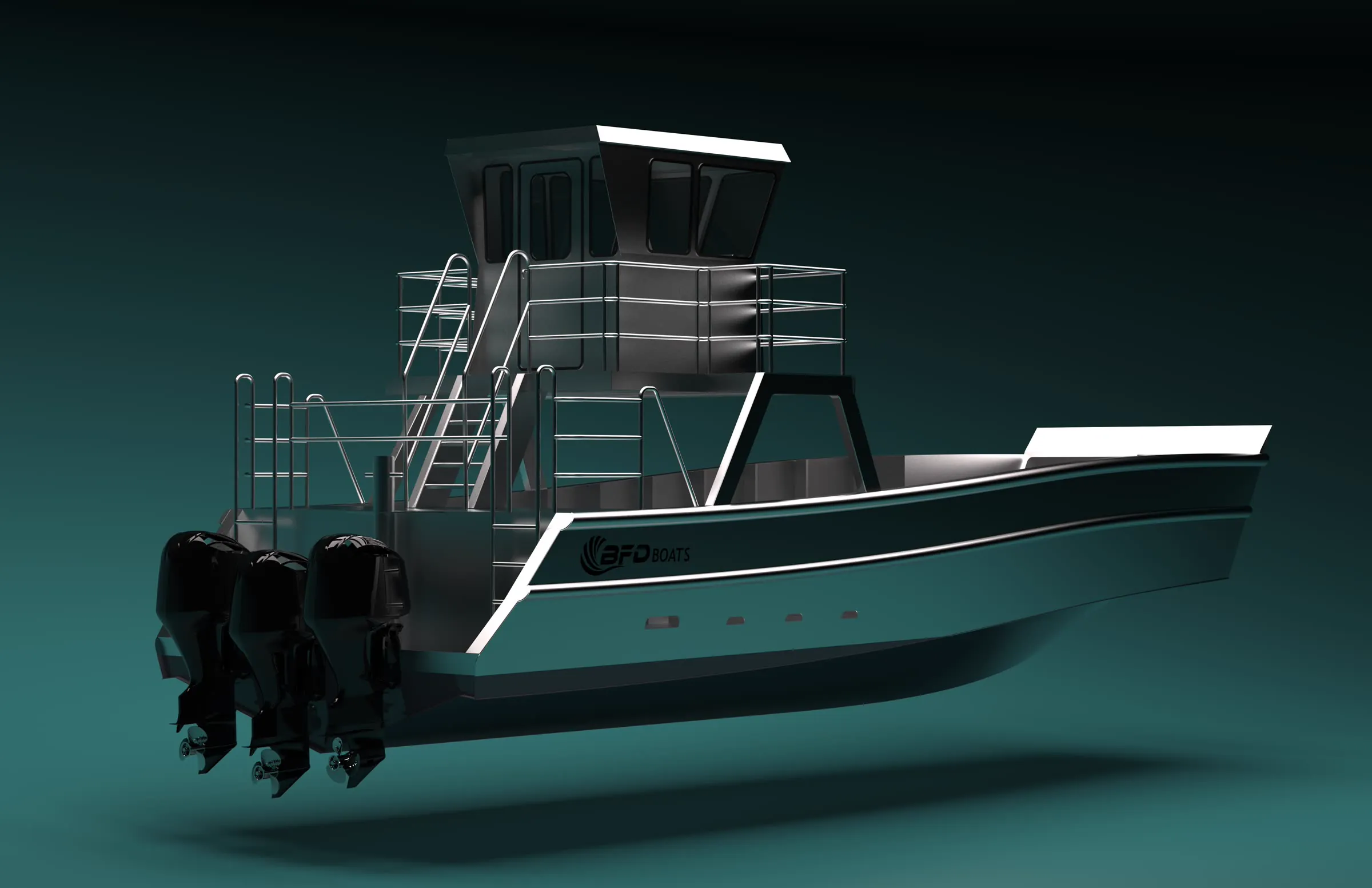 400 Rogue render, raised pilothouse, three-quarter aft view